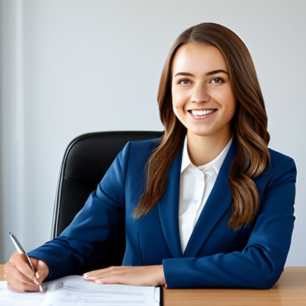**

"A young professional woman in a modest business suit, sitting at a desk in a bright, modern office. She is smiling and looking directly at the camera, fully clothed, appropriate attire, safe for work, perfect anatomy, natural proportions, professional photography, high quality, family-friendly."

**