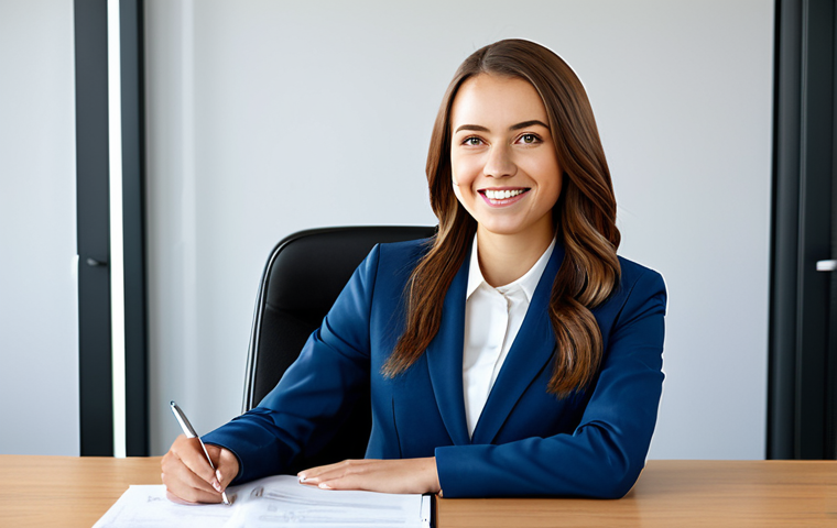 **

"A young professional woman in a modest business suit, sitting at a desk in a bright, modern office. She is smiling and looking directly at the camera, fully clothed, appropriate attire, safe for work, perfect anatomy, natural proportions, professional photography, high quality, family-friendly."

**