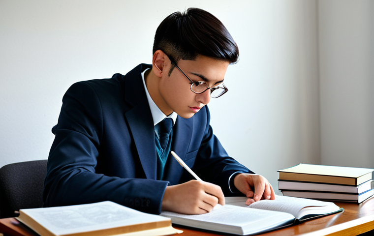 TOEFL Listening 교재 추천 - "A student at a desk, surrounded by TOEFL listening textbooks and notes, concentrating intently on t...
