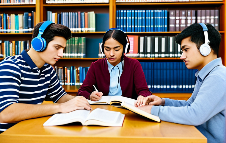 TOEFL Listening 교재 추천 - "A student at a desk, surrounded by TOEFL listening textbooks and notes, concentrating intently on t...
