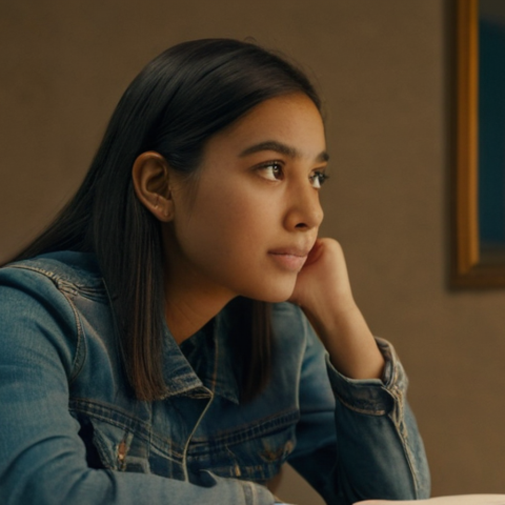 TOEFL Speaking 대화 연습법 - **Prompt:** A young adult, looking initially nervous but with a newfound determination, sits at a de...