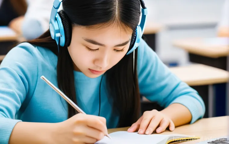 TOEIC 고득점 실전 팁 - A focused, diverse male student in his mid-20s, sitting at a clean, well-lit study desk in a contemp...