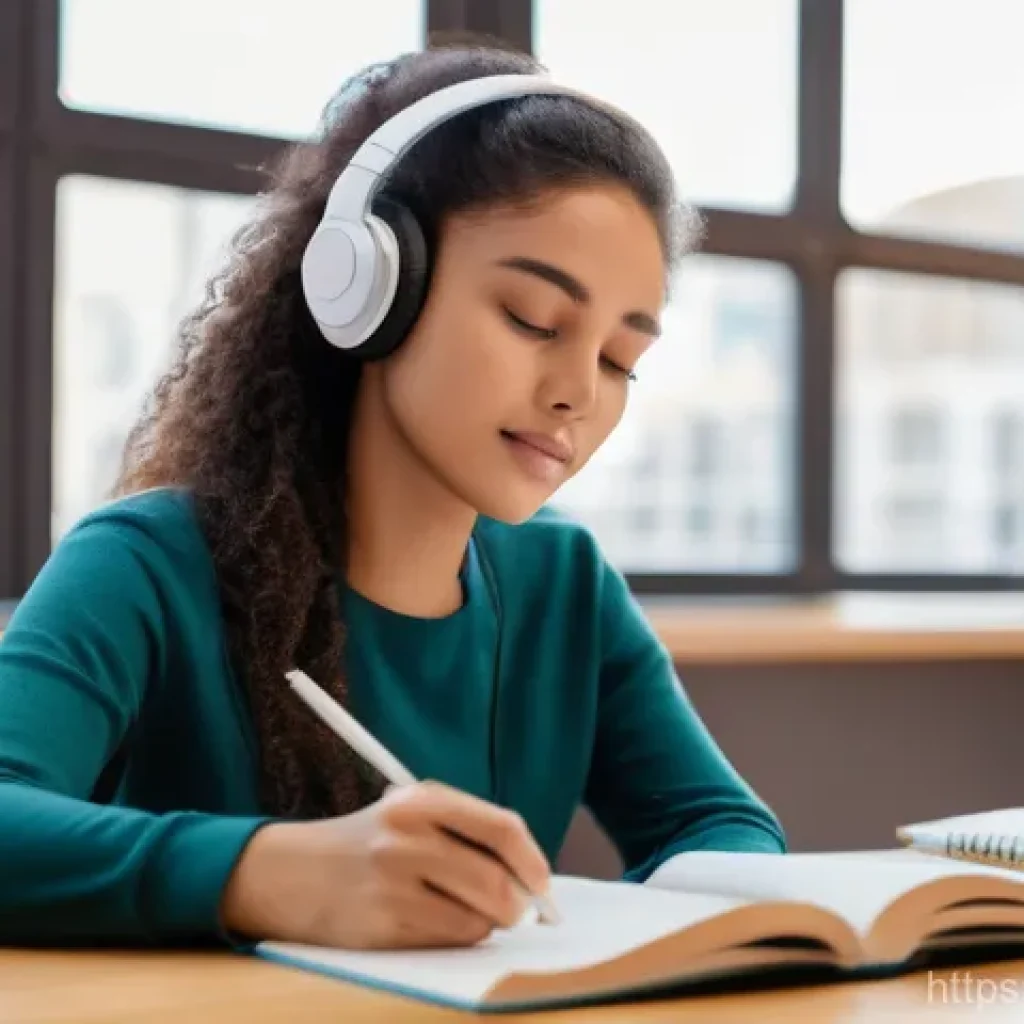 TOEIC 시험 후기 모음 - A focused young woman, dressed in a comfortable yet stylish long-sleeved top, sits at a modern, well...