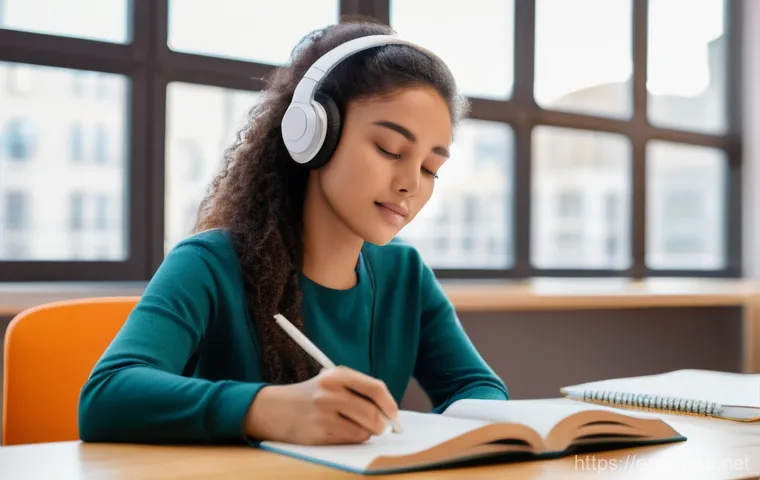 TOEIC 시험 후기 모음 - A focused young woman, dressed in a comfortable yet stylish long-sleeved top, sits at a modern, well...