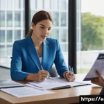Home 18 TOEIC 연봉 협상 활용 사례 - A professional office setting showing a confident businesswoman in formal attire, holding a printed ...
