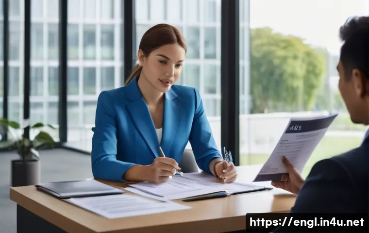 TOEIC 연봉 협상 활용 사례 - A professional office setting showing a confident businesswoman in formal attire, holding a printed ...