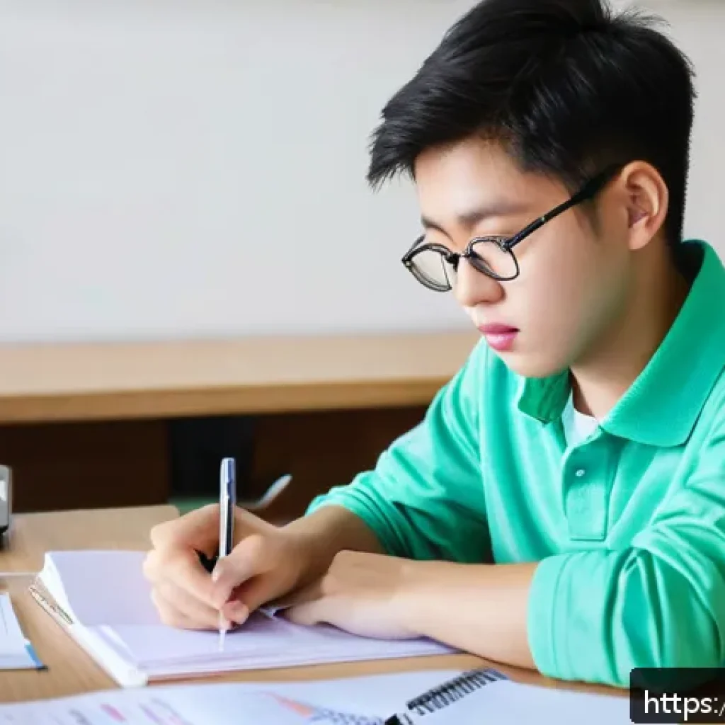 TOEFL Speaking 고득점 전략 - A focused young student sitting at a tidy desk in a quiet study room, practicing TOEFL Speaking with...