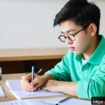 Home 16 TOEFL Speaking 고득점 전략 - A focused young student sitting at a tidy desk in a quiet study room, practicing TOEFL Speaking with...