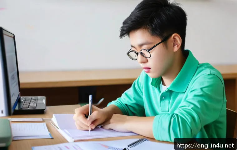 TOEFL Speaking 고득점 전략 - A focused young student sitting at a tidy desk in a quiet study room, practicing TOEFL Speaking with...