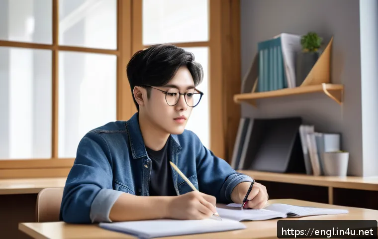 TOEFL Listening 이해력 향상법 - A focused student sitting at a clean desk in a quiet study room, actively taking structured notes wi...