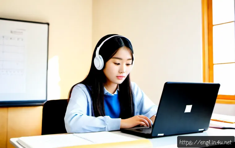 TOEFL Listening 문제풀이 전략 - Photorealistic study scene of a focused university student wearing simple over-ear headphones at a c...