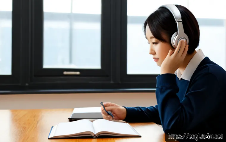 Home 17 TOEIC Listening 훈련 방법 - Photorealistic study scene of a focused adult learner wearing comfortable over-ear headphones at a c...